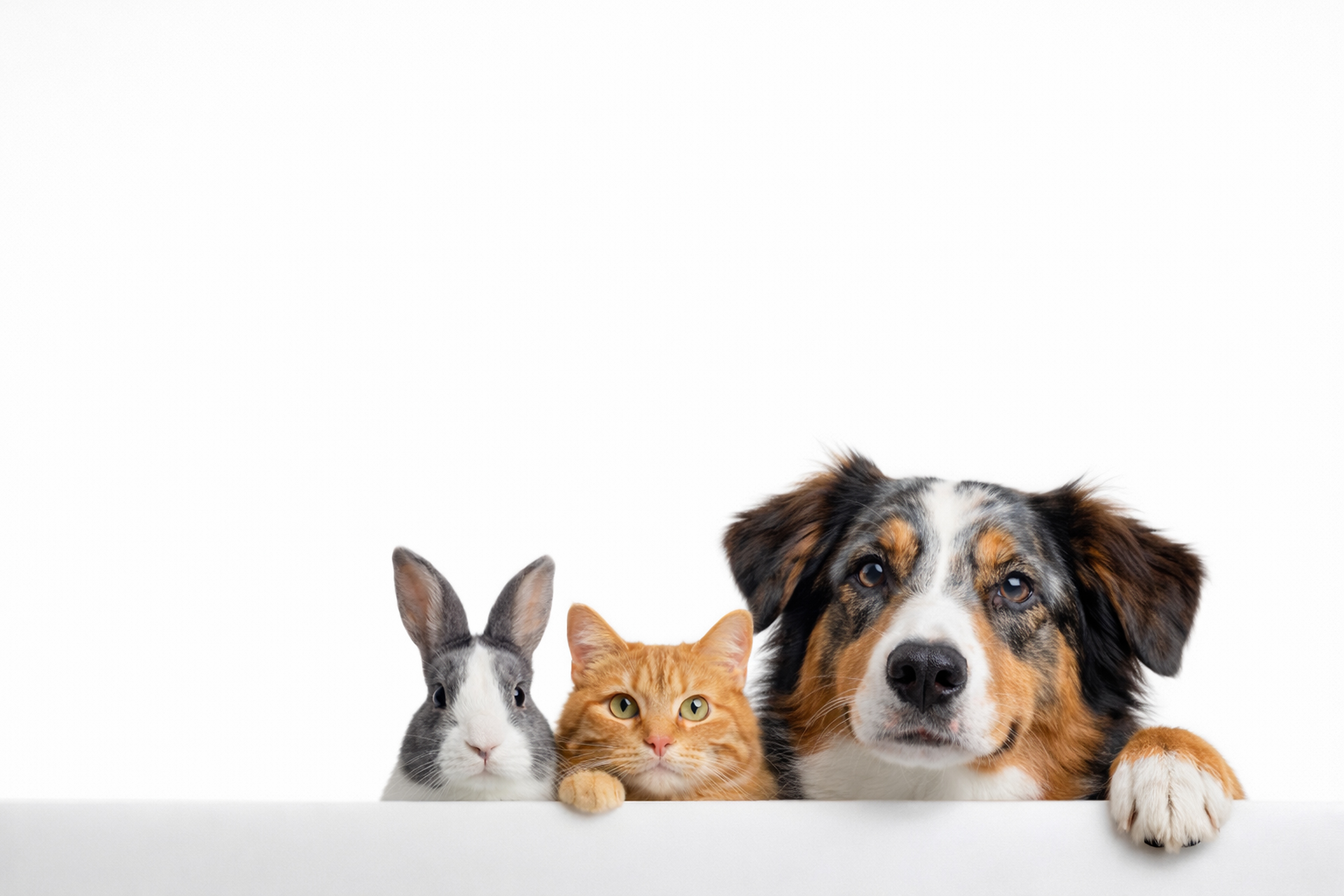 A rabbit, cat and dog are pictured together against a white background.